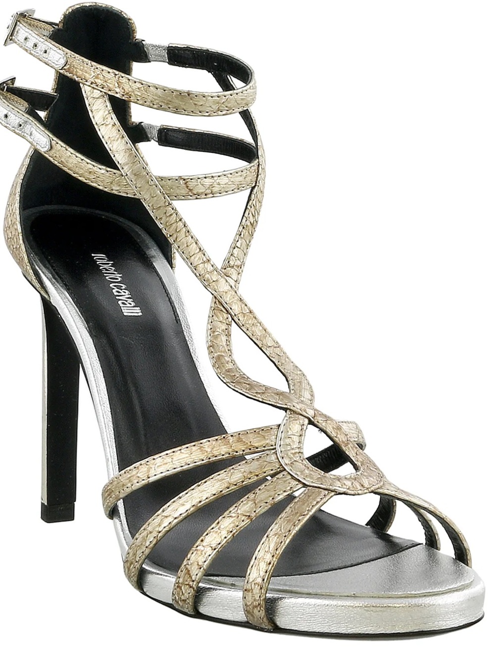 Roberto Cavalli Gold Sliver Metallic Strappy High Heel Sandal - Size 39
